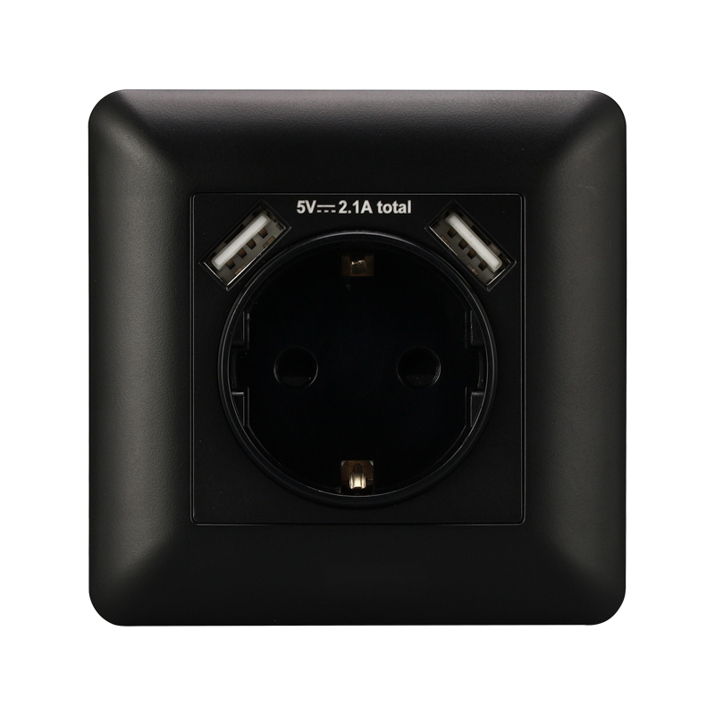 EU Socket with Double USB ports Black Socket with phone placement rack can be installed on the wall and live phone rack