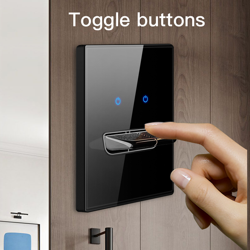 Chinese factory 2 Gang toggle light Switches with black glass panel and 3 smile buttons Switch for home Wall switches & sockets