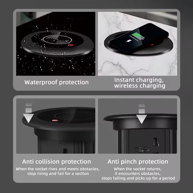 Electric pop up socket with wireless charger USB socket and bluetooth speeker 