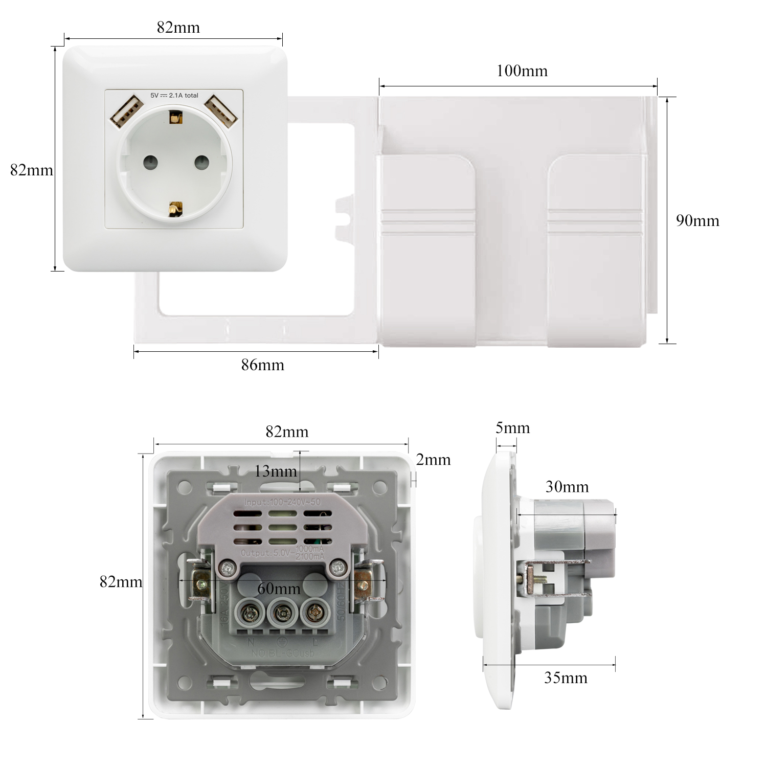 EU Socket with Double USB ports white Socket with phone placement rack can be installed on the wall and live phone rack