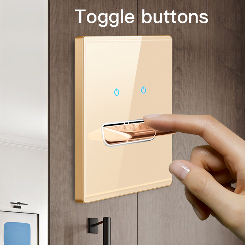 Chinese factory 4 Gang toggle wall Switches with golden glass panel and 4 smile buttons Switch for home Wall switches & sockets